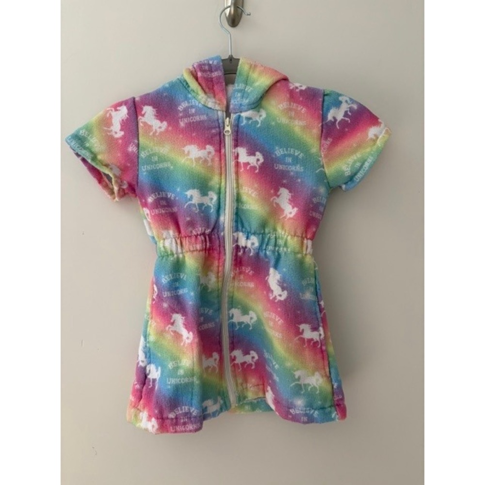 Rainbow Unicorn Hooded Terry Cloth Swim Cover Up Dress Size 4 Zip Front